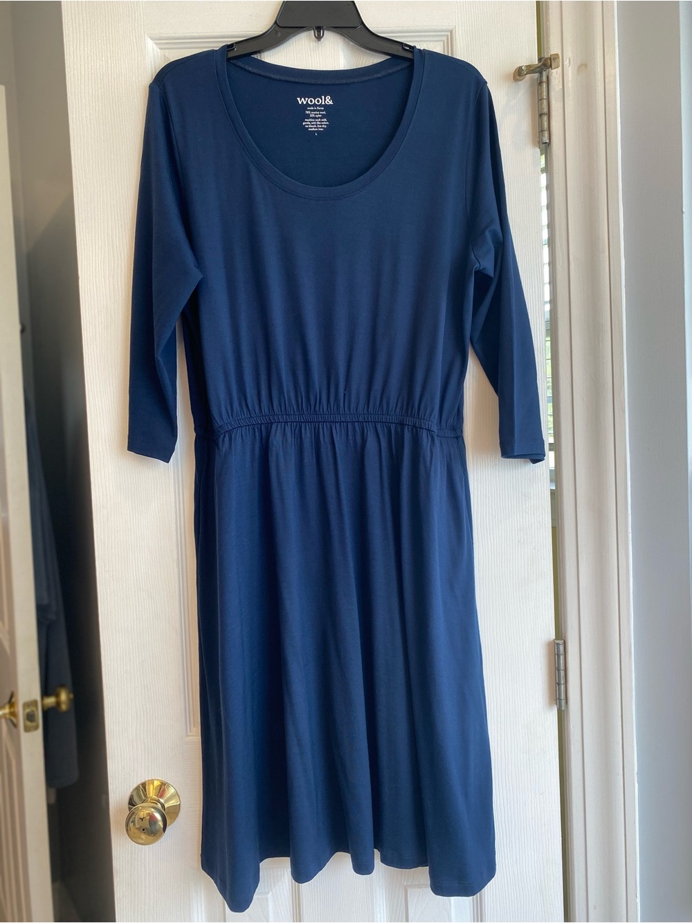 Wool& Marine Blue scoop-neck fit and flare Fiona dress. Size Larhe